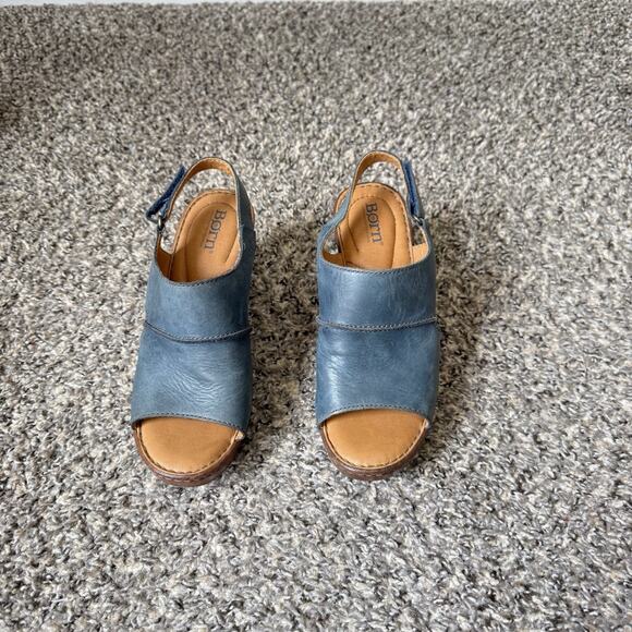 BORN WEKIVA Blue Leather Open Toe Slingback Pumps Sandals Block Heel Sz 7 Chunky - Picture 4 of 11